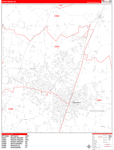 Rocky Mount City Wall Map Red Line Style